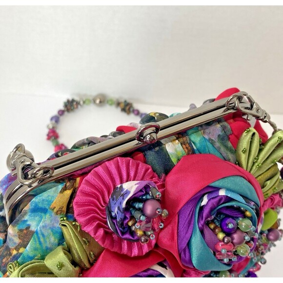 Mary Frances Multi 3D Roses Beaded Flower Kisslock Clutch Bag Beaded Strap RARE - Picture 7 of 16